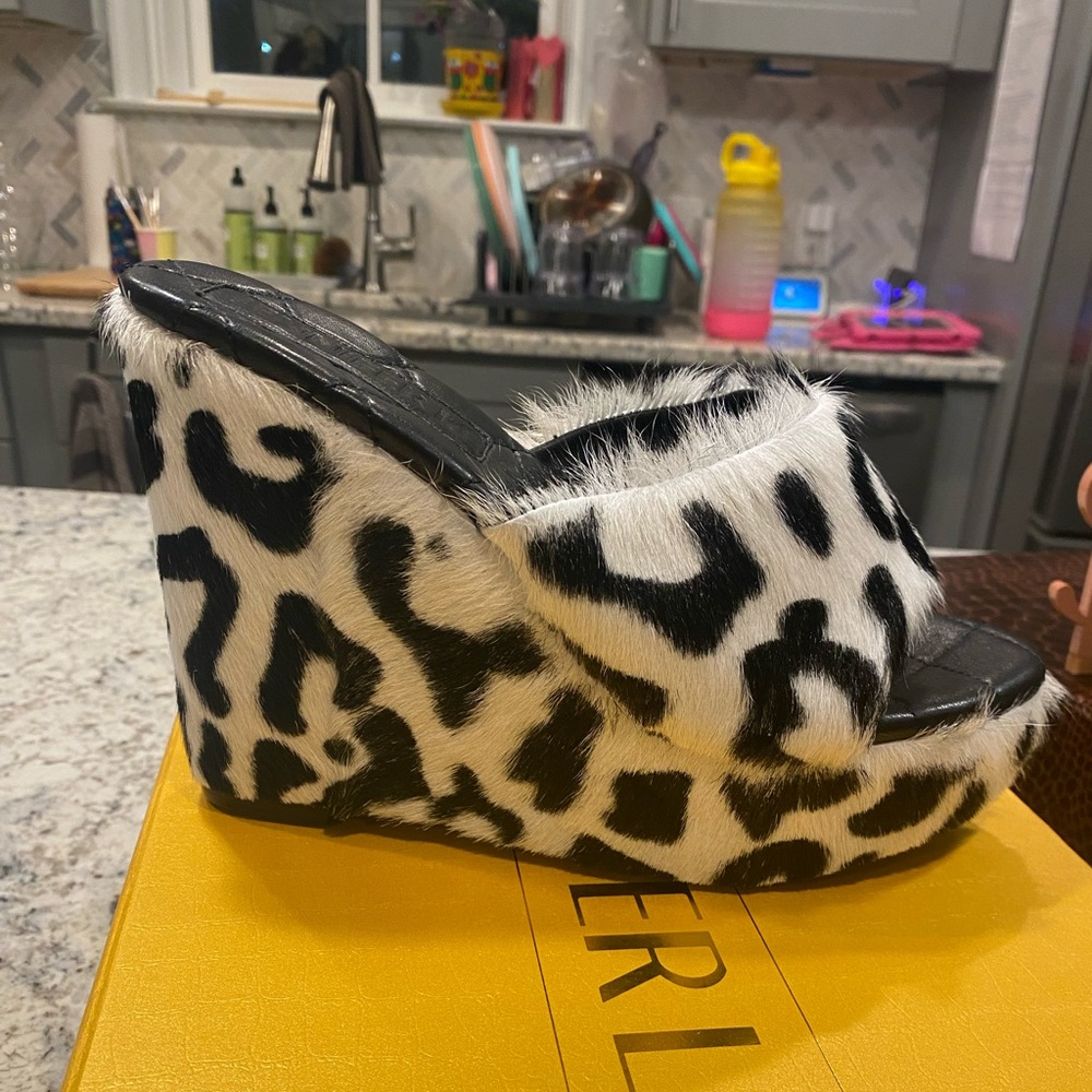 Jennifer Le Think Mink Wedge Sandal | size 42 (US 12) | Leopard